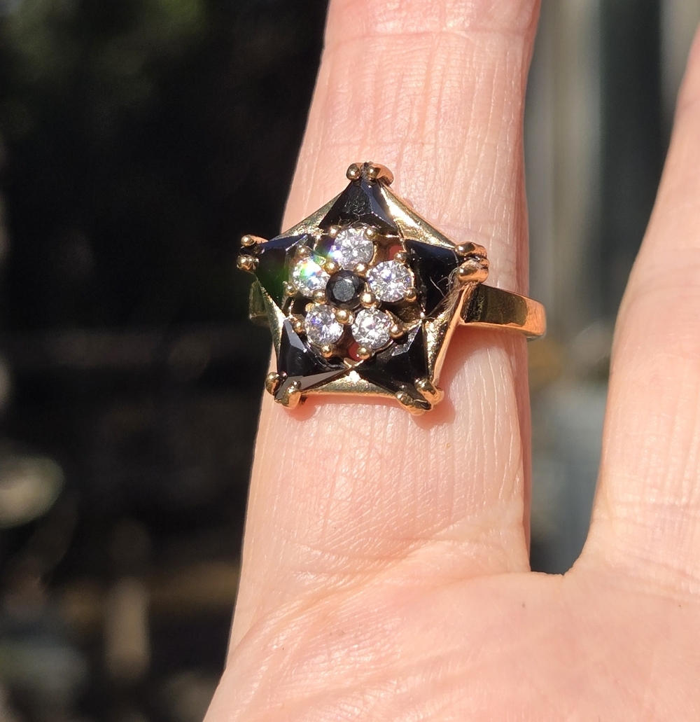 Black onyx & white Topaz star Sterling Gold & Bronze ring sz8 - Picture 4 of 10